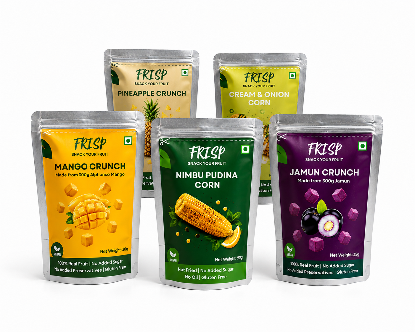 FRISP STARTER PACK OF 5 | FREEZE DRIED | JAMUN CRUNCH | MANGO CRUNCH | PINEAPPLE CRUNCH | NIMBU PUDINA CORN | CREAM AND ONION CORN